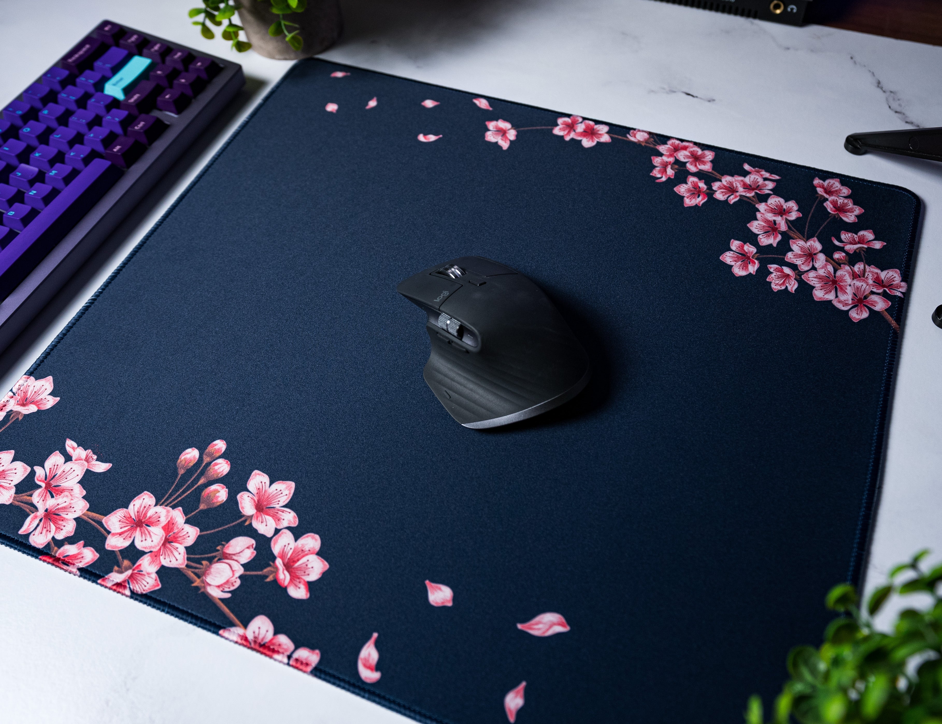 Navy Blossom Desk Mat – Large Floral RGB Gaming & Office Desk Pad