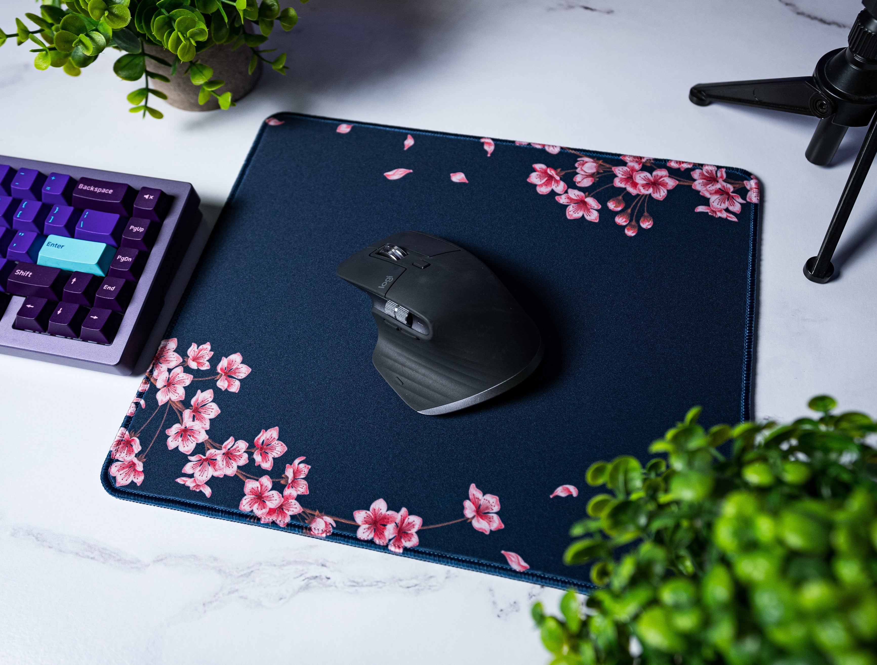 Navy Blossom Desk Mat – Large Floral RGB Gaming & Office Desk Pad