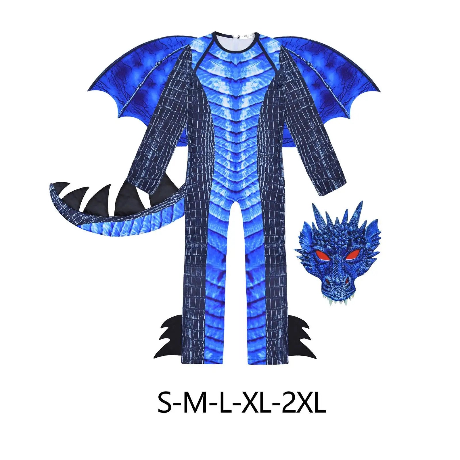 Blue dragon costume with wings and mask on a white background