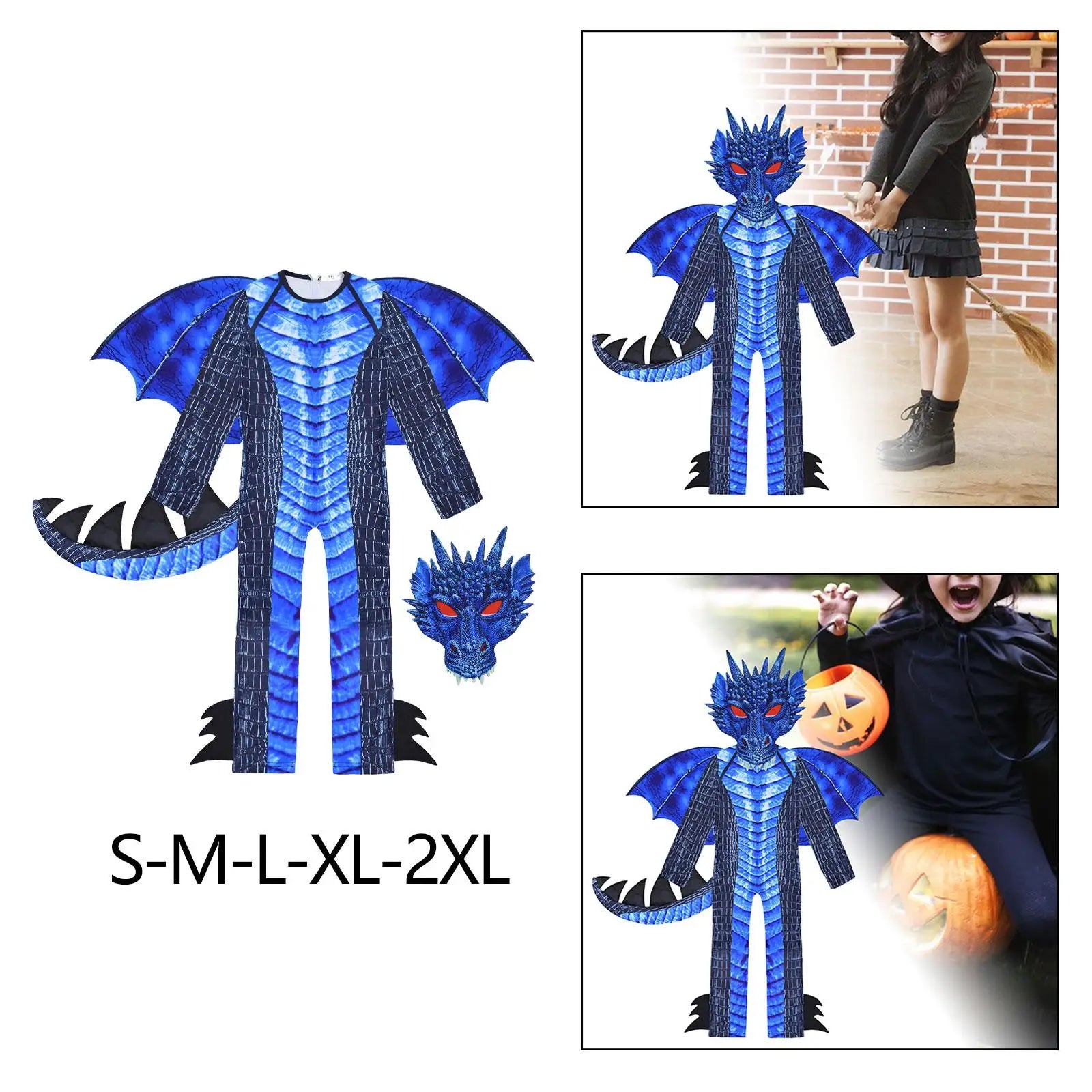 Blue dragon costume with size options displayed on a white background.