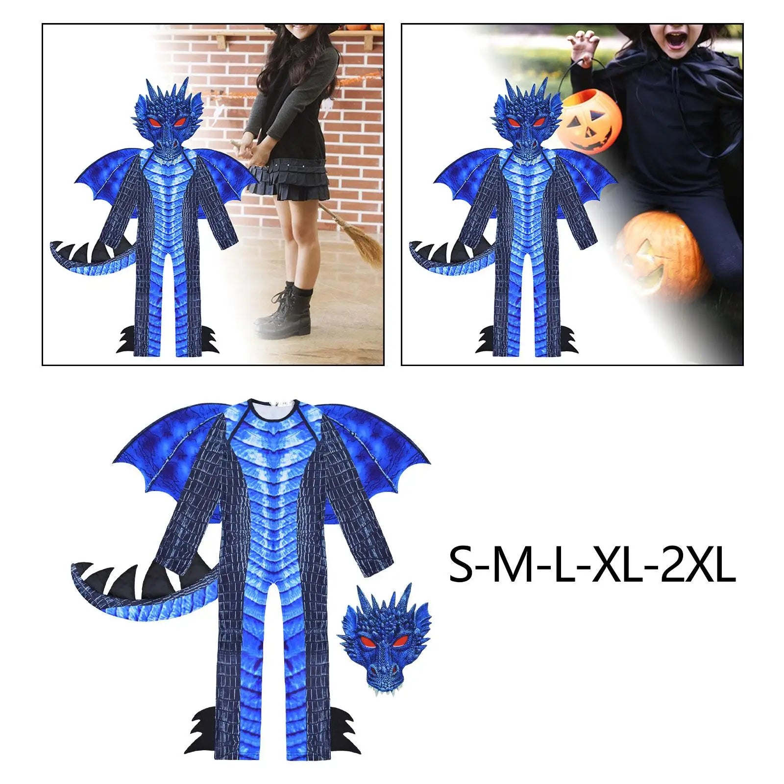 Blue dragon costume with size options displayed on a white background.