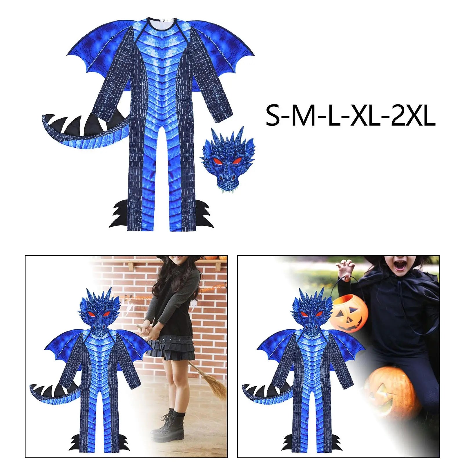 Blue dragon costume with size chart and usage examples on a white background
