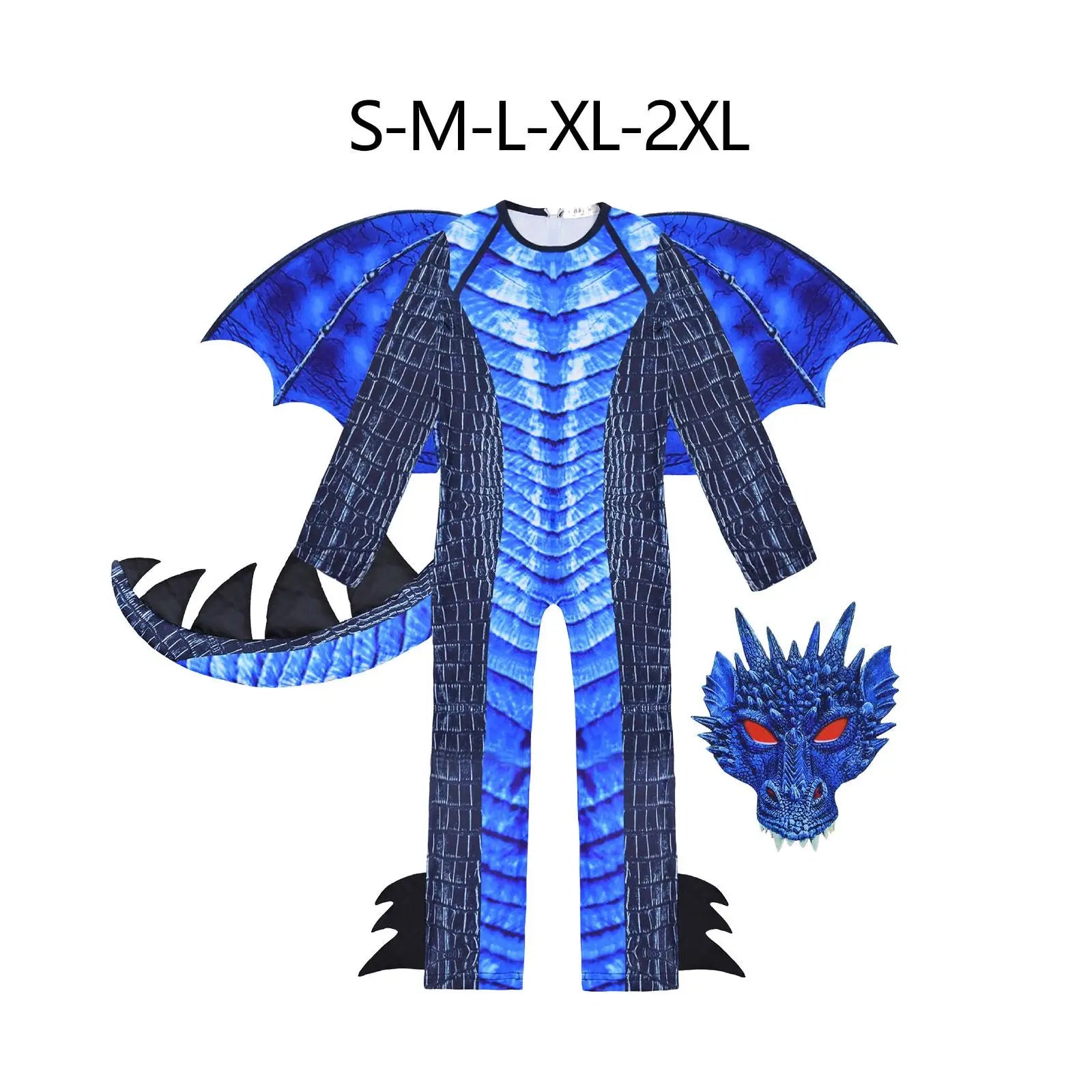 Blue dragon costume with wings and headpiece on a white background, size chart above.