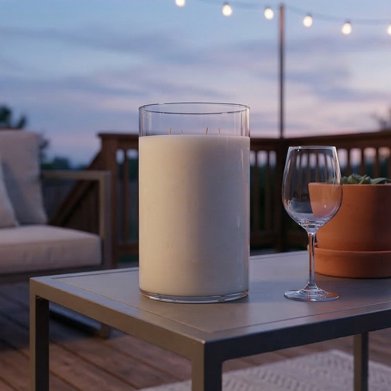 Candle and wine glass on a table with a evening outdoor setting