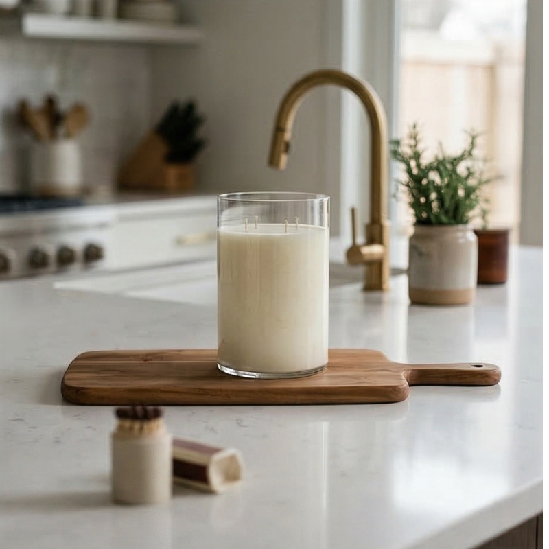 Glass of milk on a wooden cutting board in a kitchen