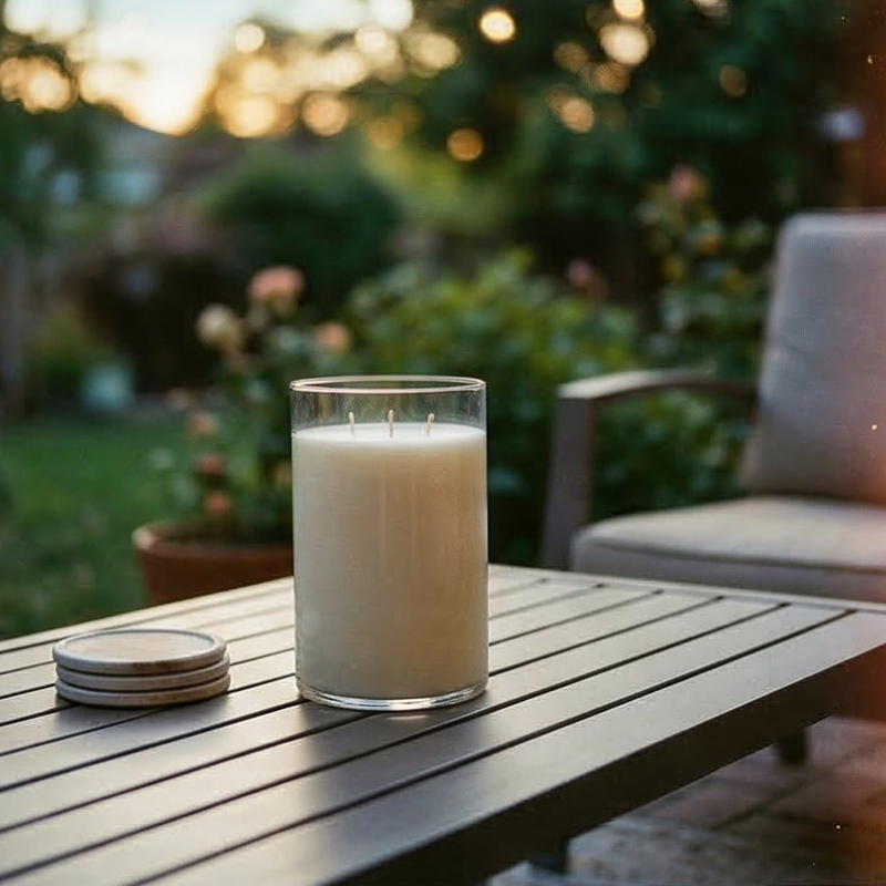 Glass candle on a wooden table outdoors with greenery in the background