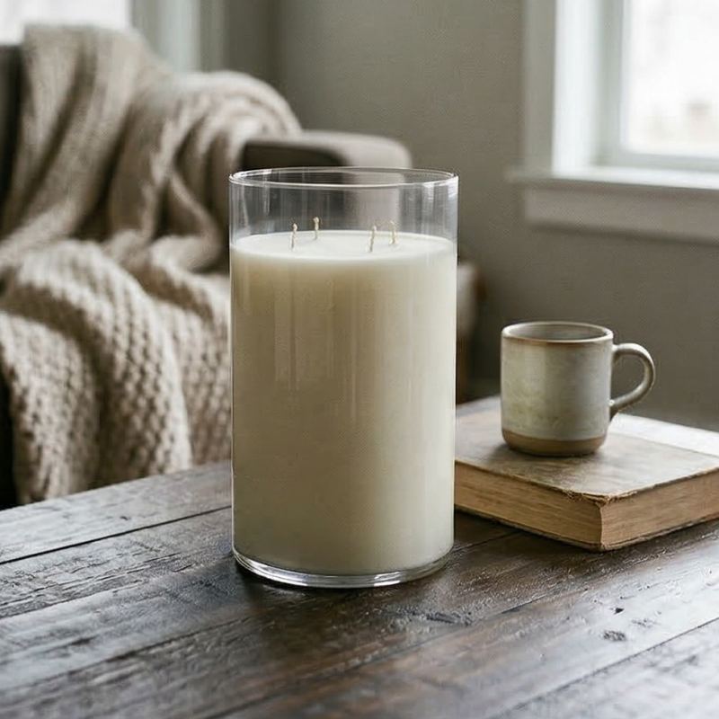 Large white candle in a glass container on a wooden table with a cup and book in the background.