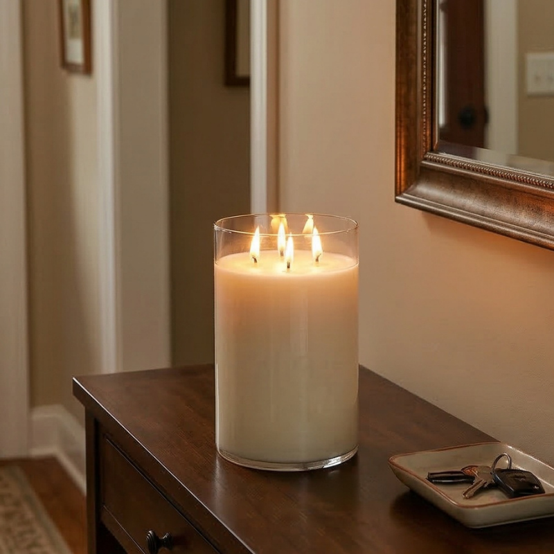 Three-wick candle on a wooden surface with a mirror and keys in the background