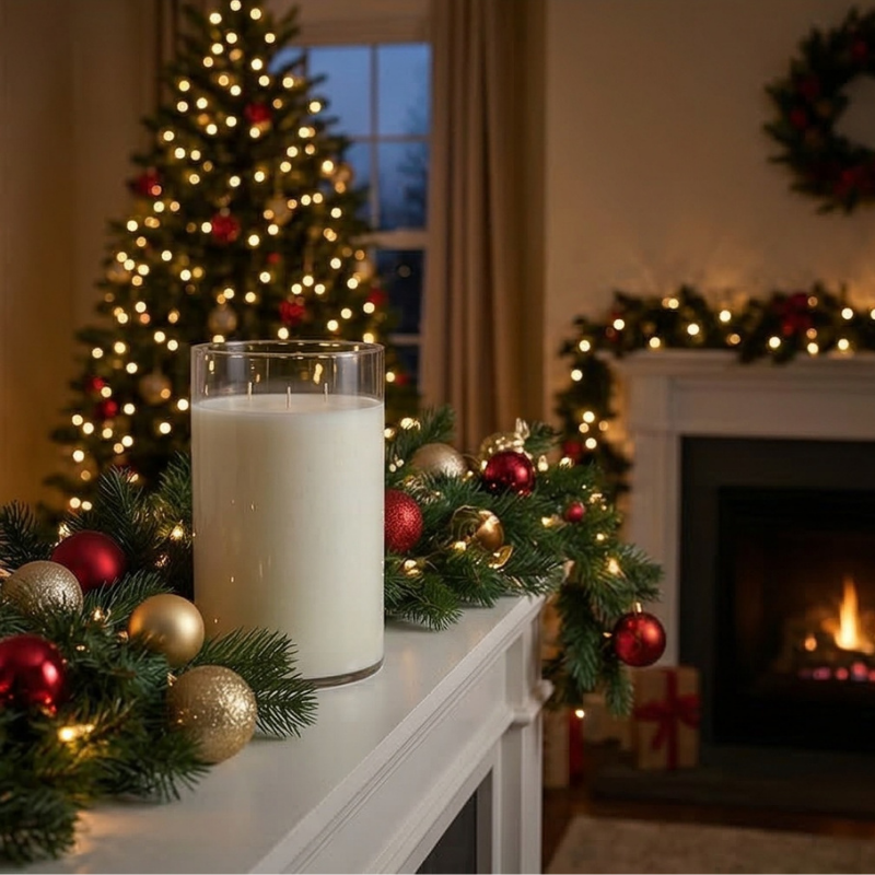 Milk glass on a Christmas decorated mantelpiece with a tree and fireplace in the background