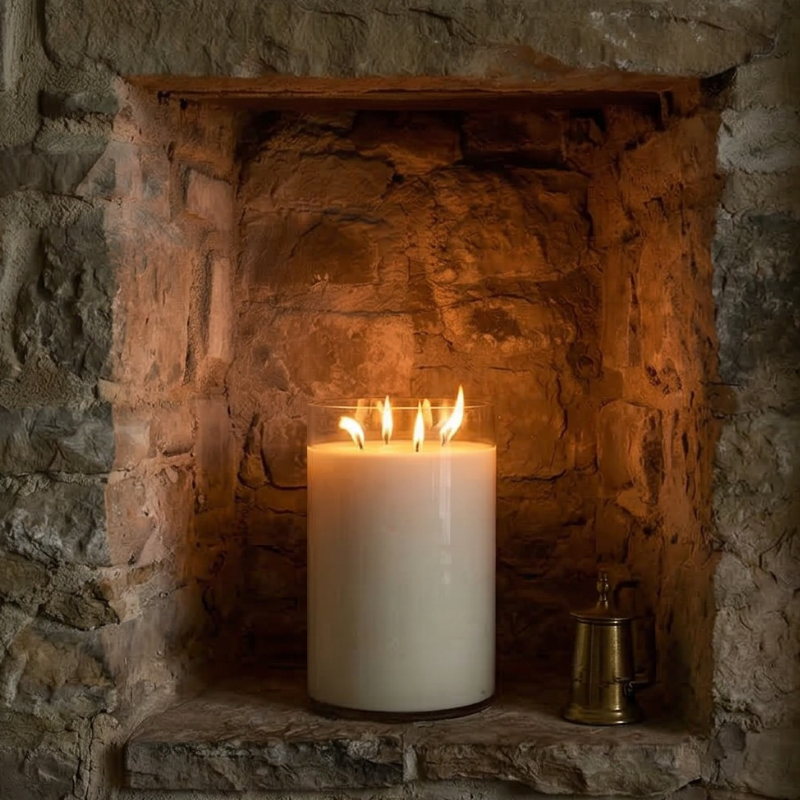 Candle in a stone fireplace with a rustic feel