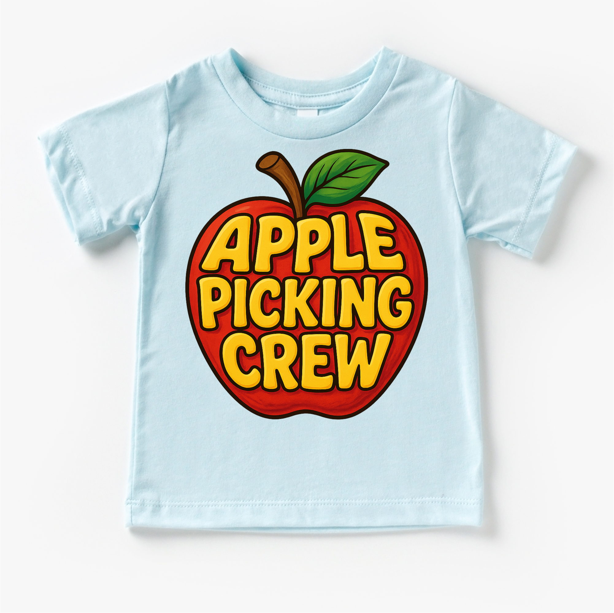 Light blue t-shirt with an apple graphic and 'Apple Picking Crew' text on a white background