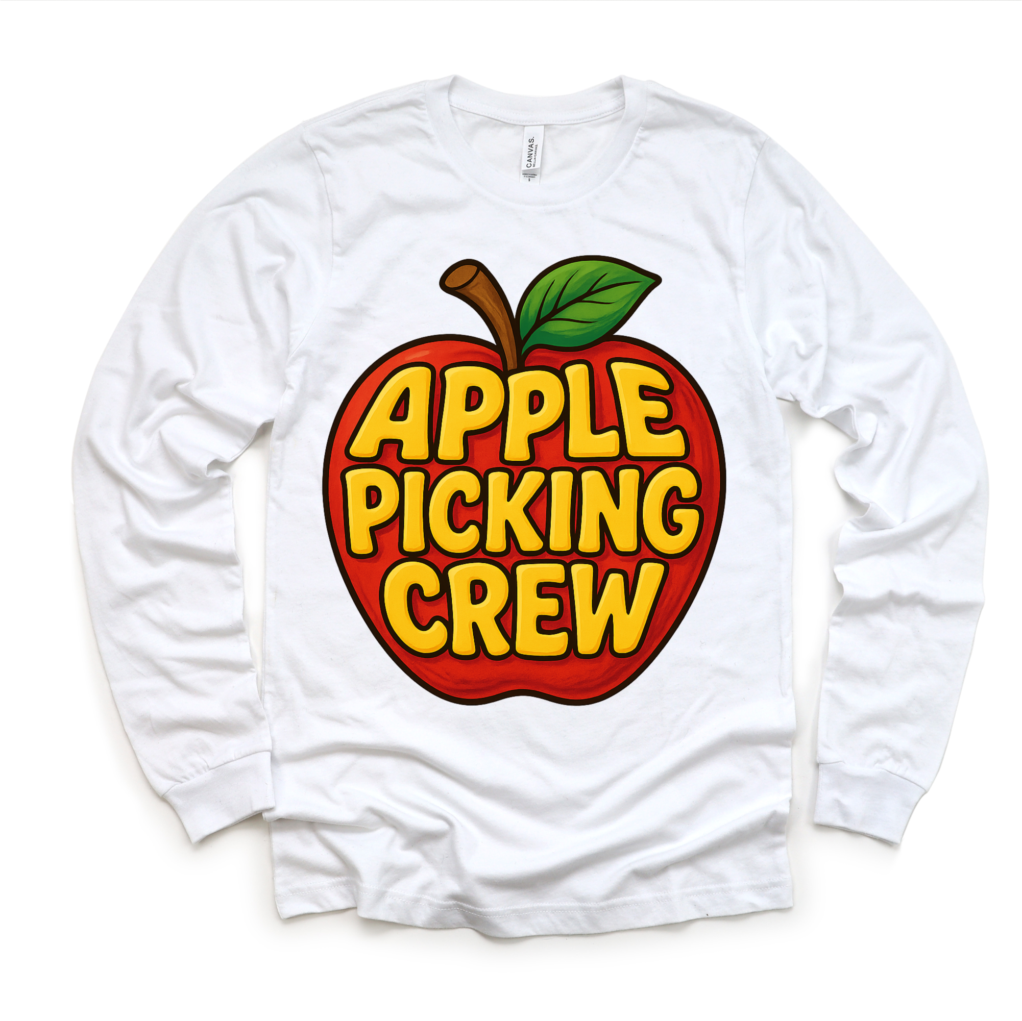 White long sleeve shirt with 'Apple Picking Crew' design on a white background
