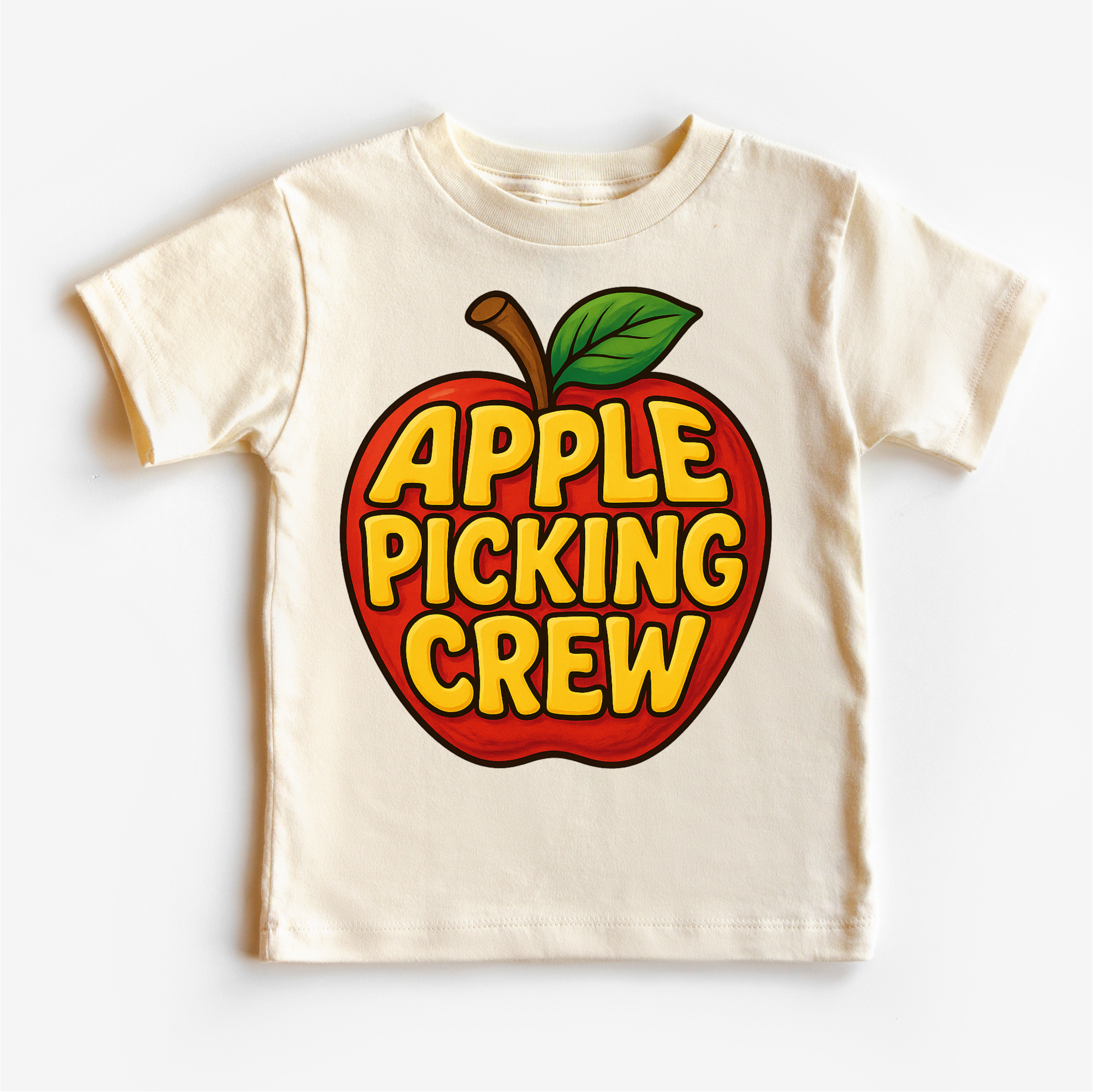 Children's t-shirt with an apple graphic and 'Apple Picking Crew' text on a white background
