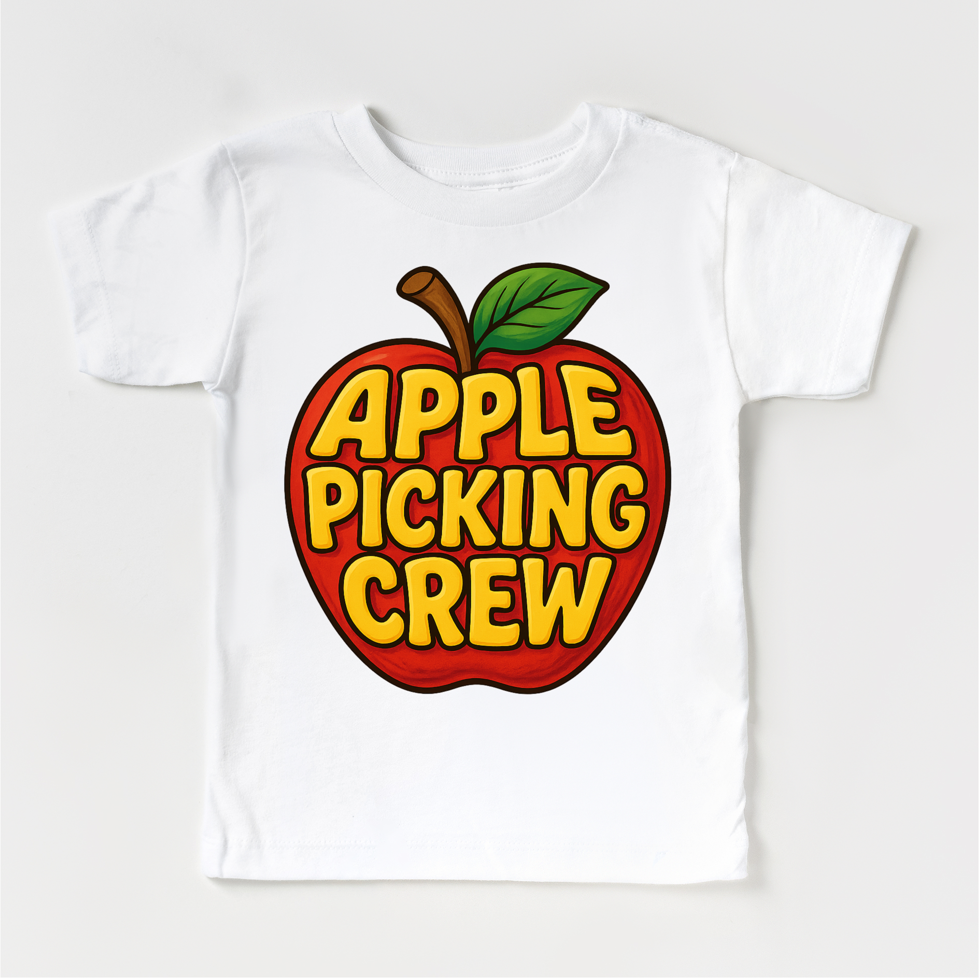 White t-shirt with a red apple graphic and 'Apple Picking Crew' text on a white background