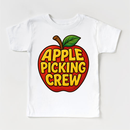 White t-shirt with a red apple graphic and 'Apple Picking Crew' text on a white background