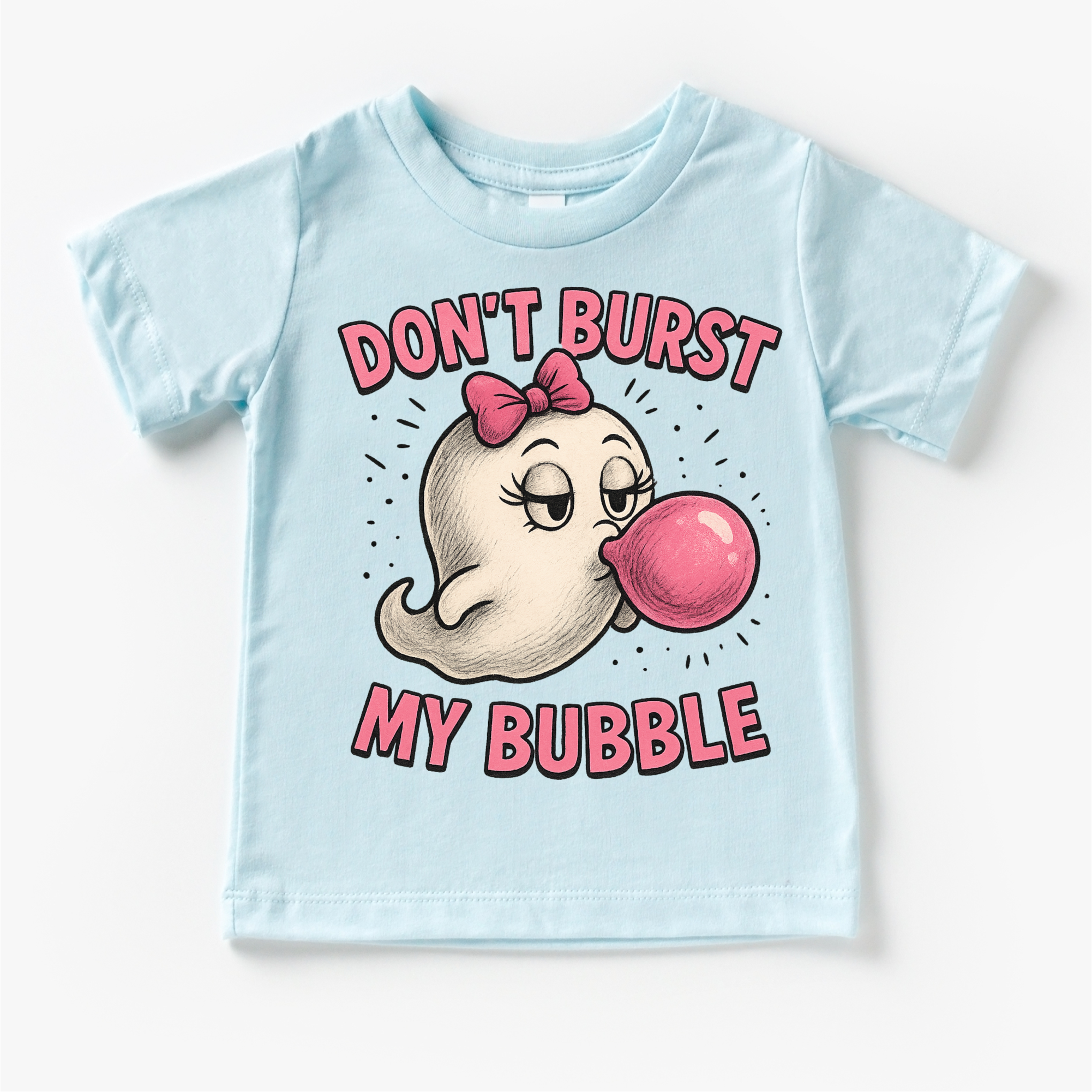 Light blue t-shirt with cartoon character and text 'Don't Burst My Bubble' on a white background