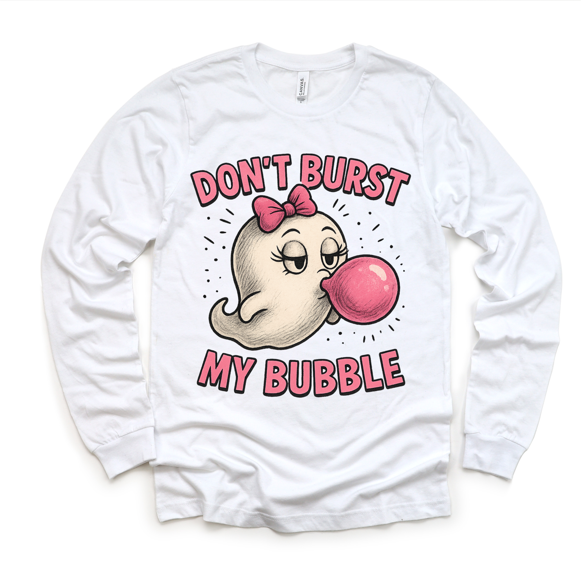 White long sleeve shirt with cartoon character and text 'Don't Burst My Bubble' on a white background