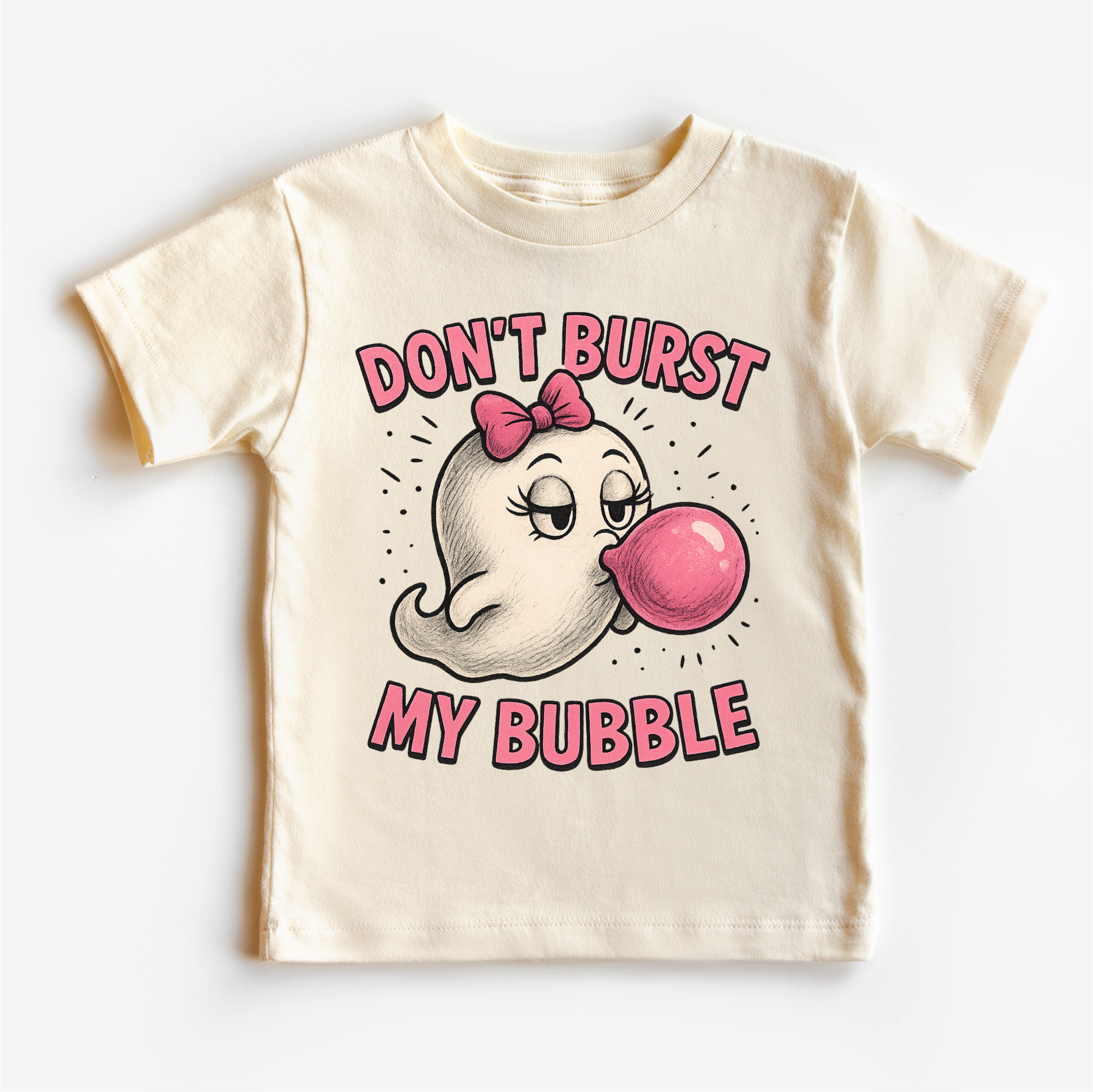 Children's t-shirt with cartoon character and text 'Don't Burst My Bubble' on a white background