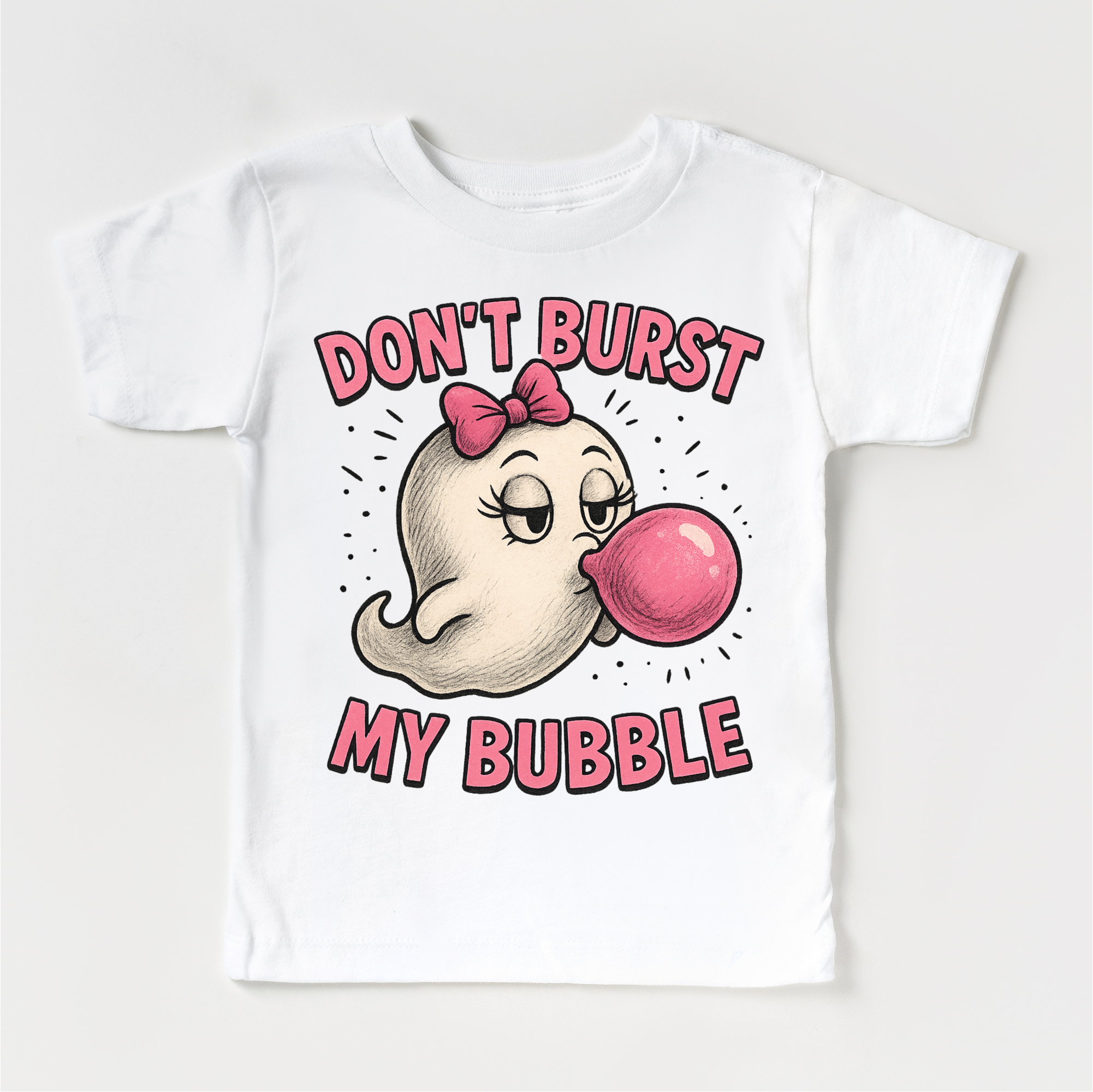 White t-shirt with cartoon ghost blowing bubble gum and text 'Don't Burst My Bubble' on a white background