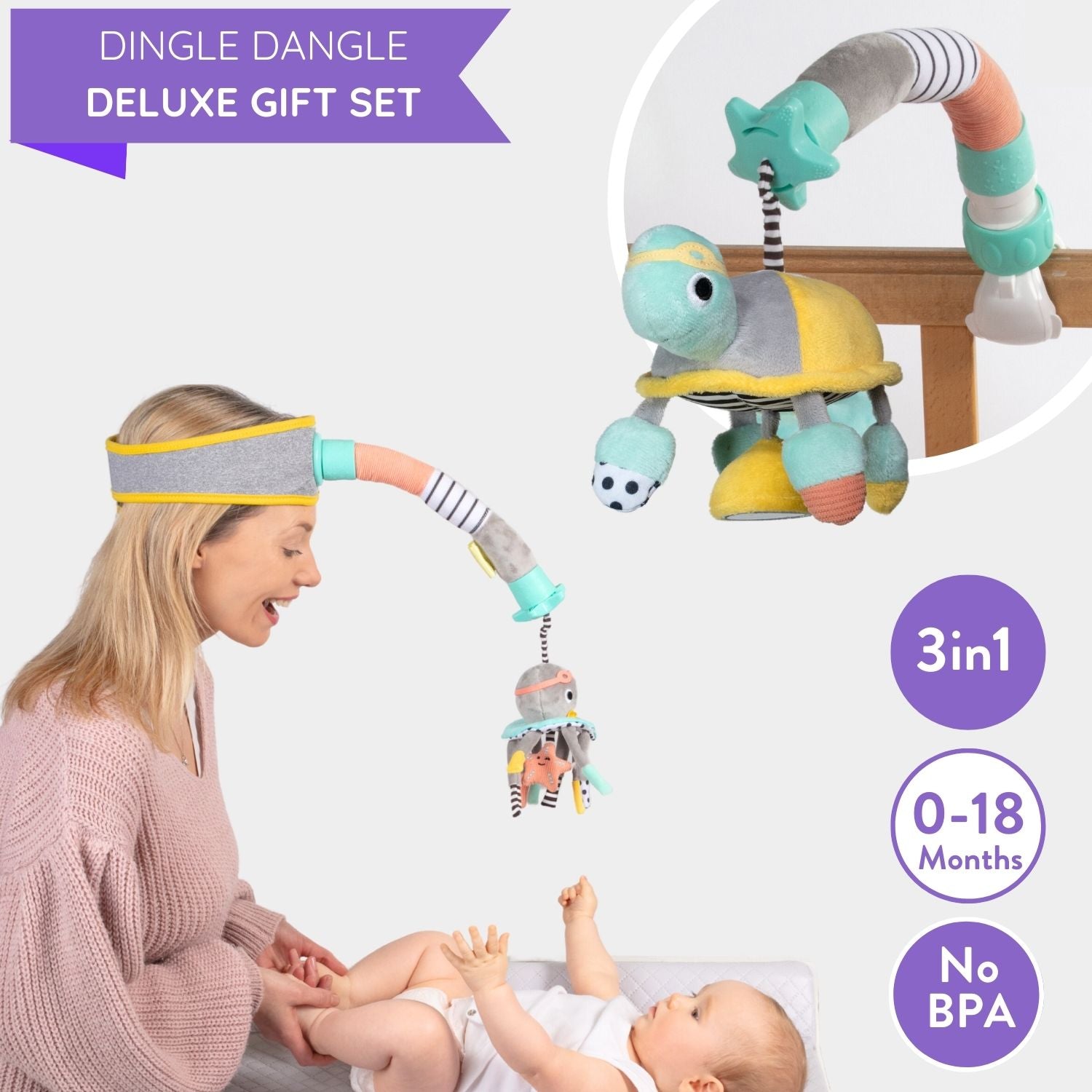 Deluxe Dingle Dangle Baby Gift Set – 3-in-1 Diaper Helper, Travel Mobile & Rattle