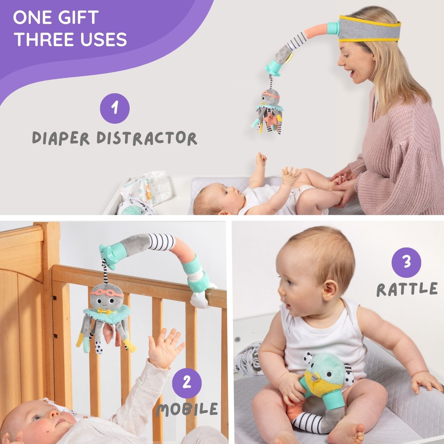 Deluxe Dingle Dangle Baby Gift Set – 3-in-1 Diaper Helper, Travel Mobile & Rattle