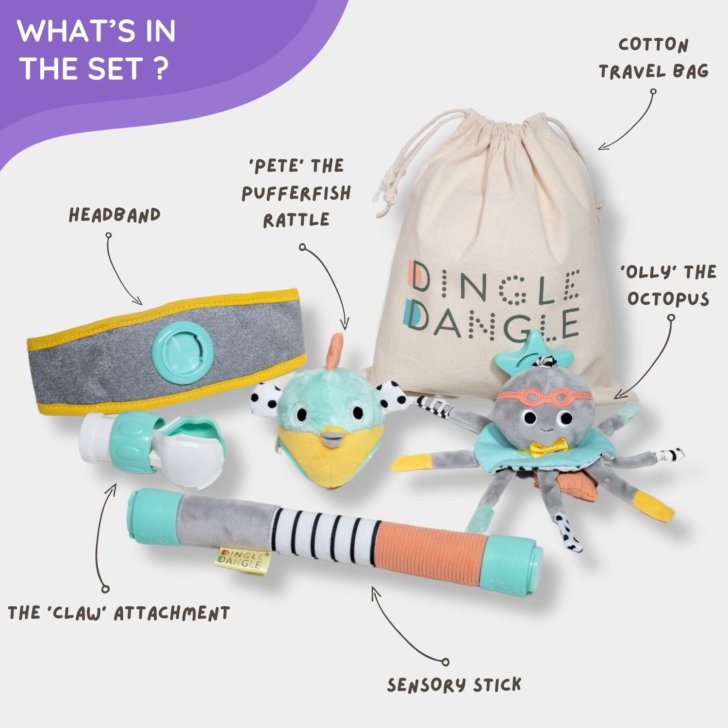 Deluxe Dingle Dangle Baby Gift Set – 3-in-1 Diaper Helper, Travel Mobile & Rattle