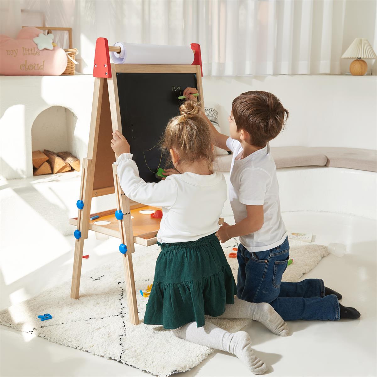 Tiny Land Double-Sided Kids Art Easel – Chalkboard, Whiteboard & Paper Roll