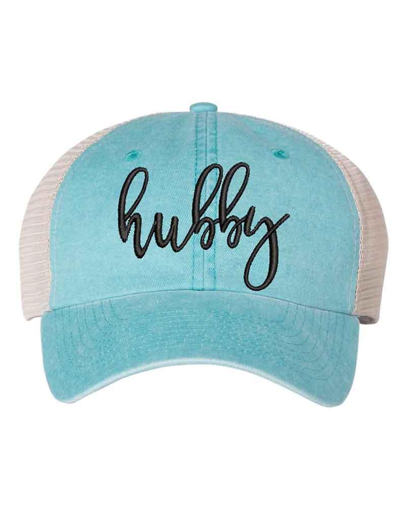 Light blue cap with 'hubby' text on a white background