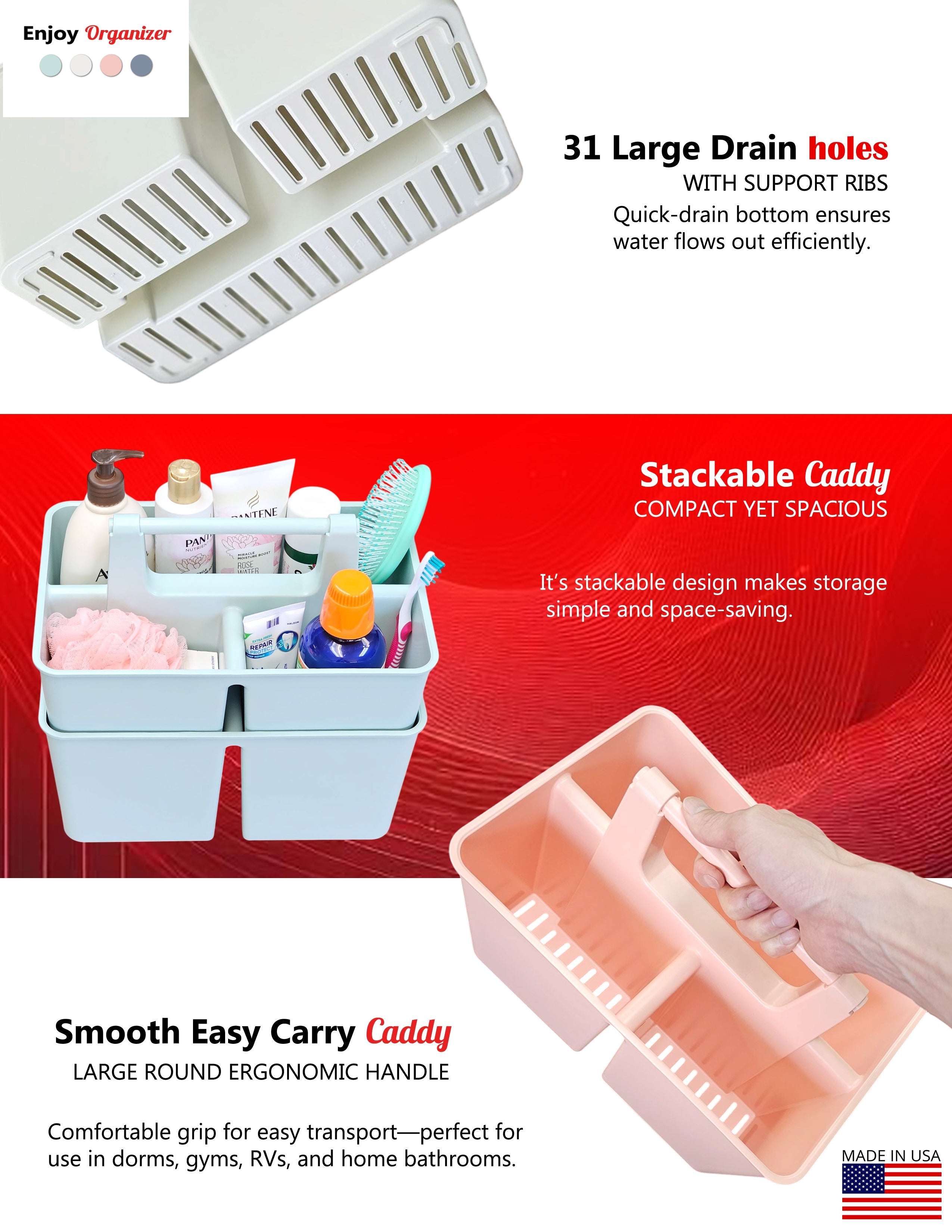 Enjoy Organizer Shower Caddy with Handle – 3 Compartments, Portable Storage Bin, Made in USA