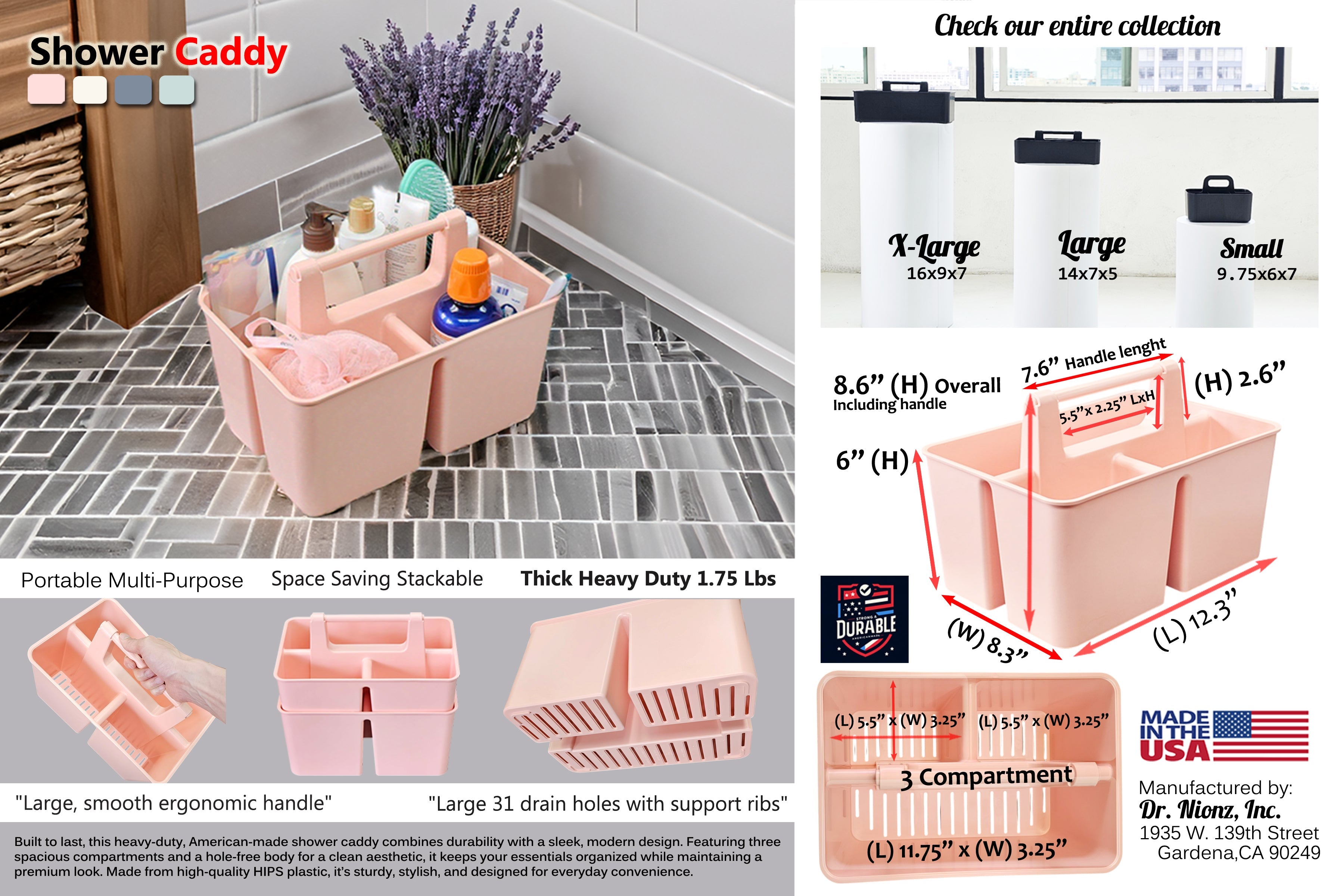 Enjoy Organizer Shower Caddy with Handle – 3 Compartments, Portable Storage Bin, Made in USA