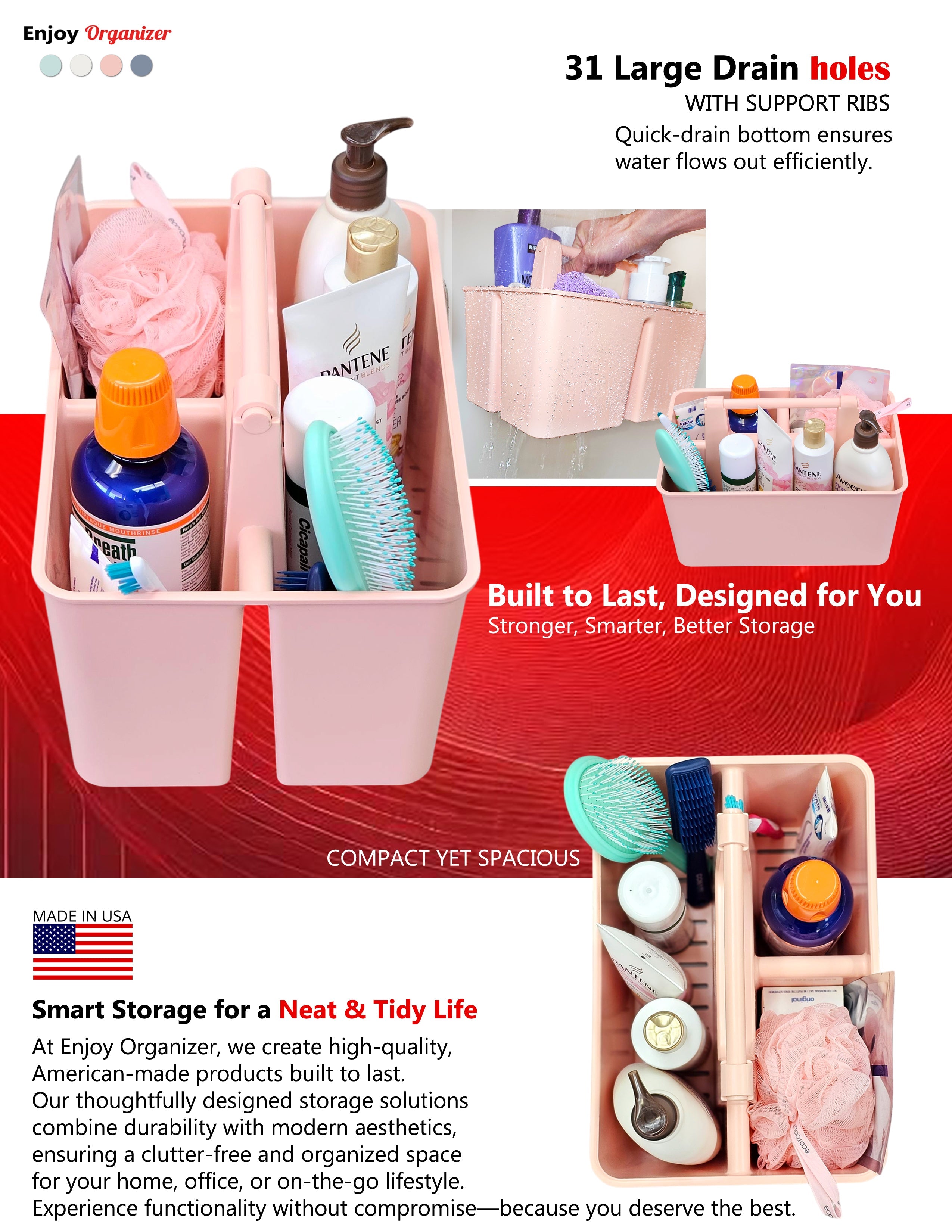 Enjoy Organizer Shower Caddy with Handle – 3 Compartments, Portable Storage Bin, Made in USA