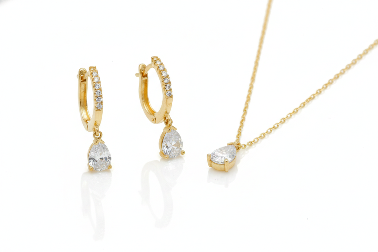 Gold-Diamant-Ohrhänger & Halskette Set – 925 Sterling Silber Brautschmuck