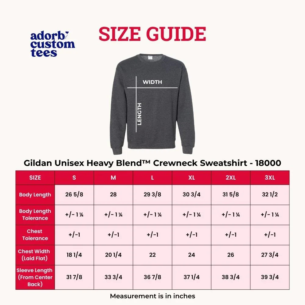 Size guide for Gildan Unisex Heavy Blend Crewneck Sweatshirt with a gray sweatshirt on a white background.