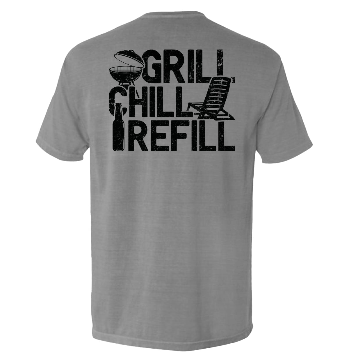 Gray t-shirt with 'Grill Chill Refill' text and graphics on the back against a white background