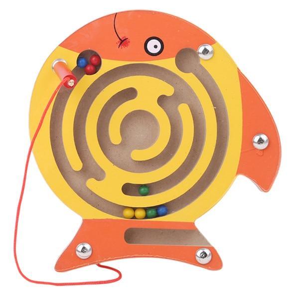 Colorful maze toy with a pull string on a white background