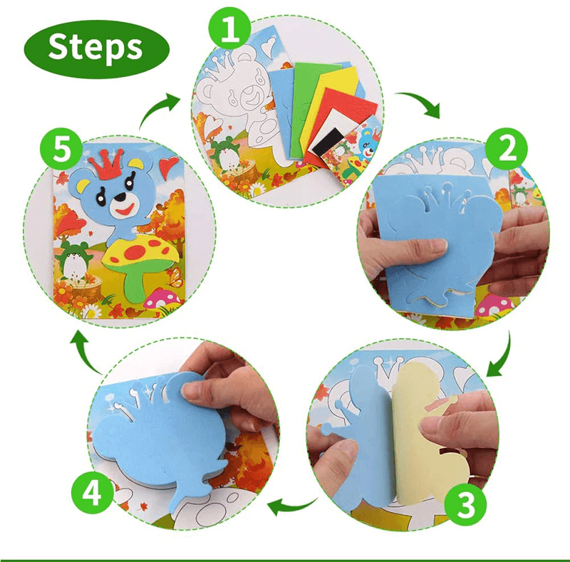 Step-by-step guide for a children's craft activity with cartoon bear design