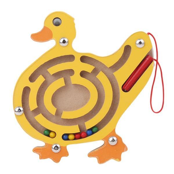 Yellow duck-shaped maze toy with colorful beads on a white background