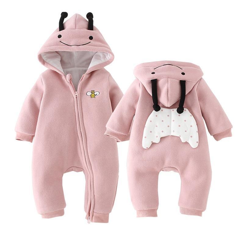 Two pink baby onesies with animal designs on a white background