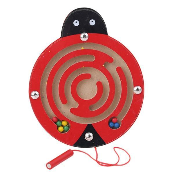 Red and black maze toy with colorful beads on a white background