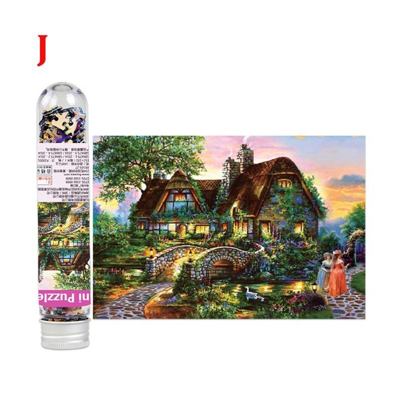 Jigsaw puzzle packaging with a scenic house illustration on a white background