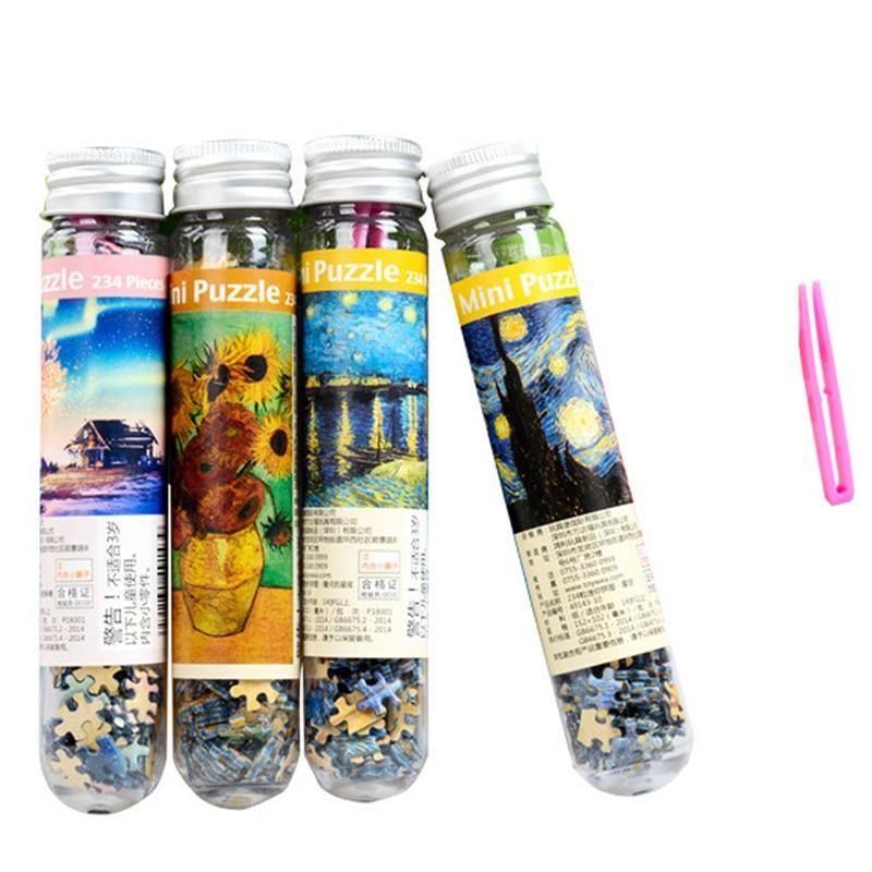 Four cylindrical puzzle containers with artistic designs on labels, featuring a pink tool on a white background.