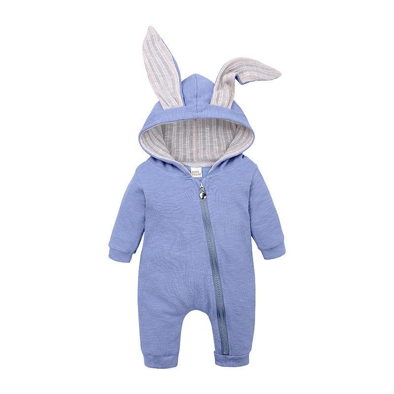Blue baby onesie with bunny ears on a white background