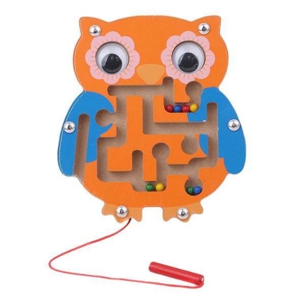 Wooden owl maze toy with colorful beads on a white background