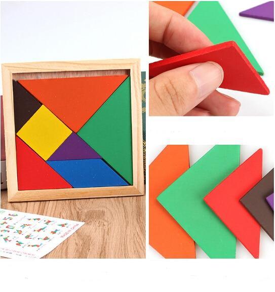 Colorful tangram puzzle with wooden frame and geometric pieces.