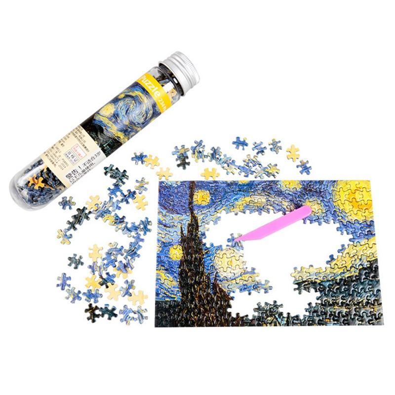 Puzzle set with completed puzzle and pieces on a white background