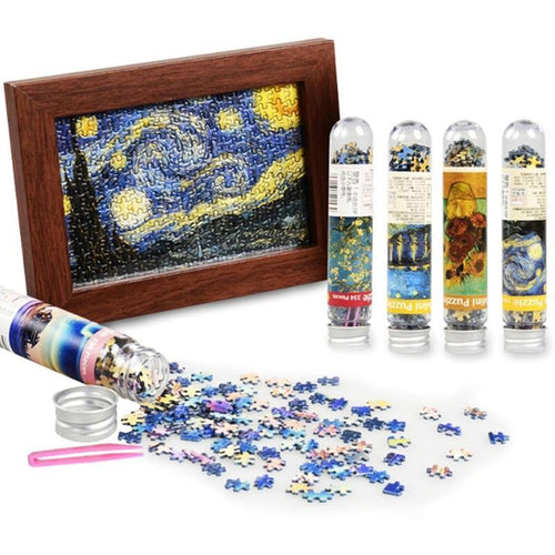 Puzzle set with 'Starry Night' design, wooden frame, and scattered pieces on a white background