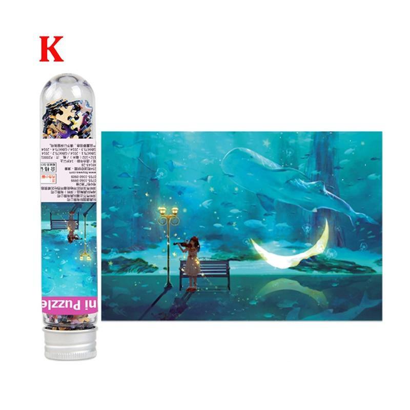 Product packaging with a scenic illustration of a woman on a bench under water.