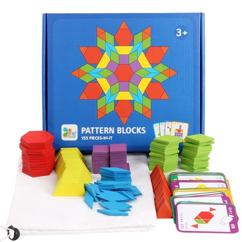 Colorful pattern blocks set with packaging on a white background