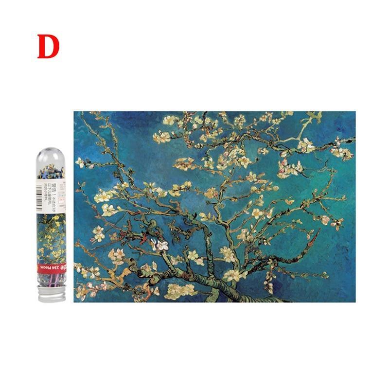 Van Gogh painting of flowering branches with a cylindrical product on a white background