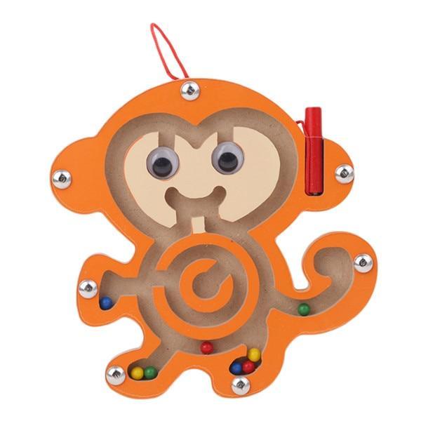 Monkey-shaped toy with colorful beads on a white background